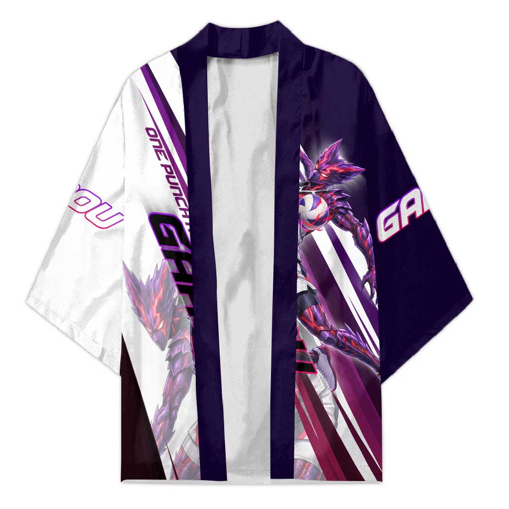 Personalized Garou Monster Volleyball Design Kimono with Dynamic Pose, Purple and White Diagonal Stripes Featuring One Punch Man Anime Theme