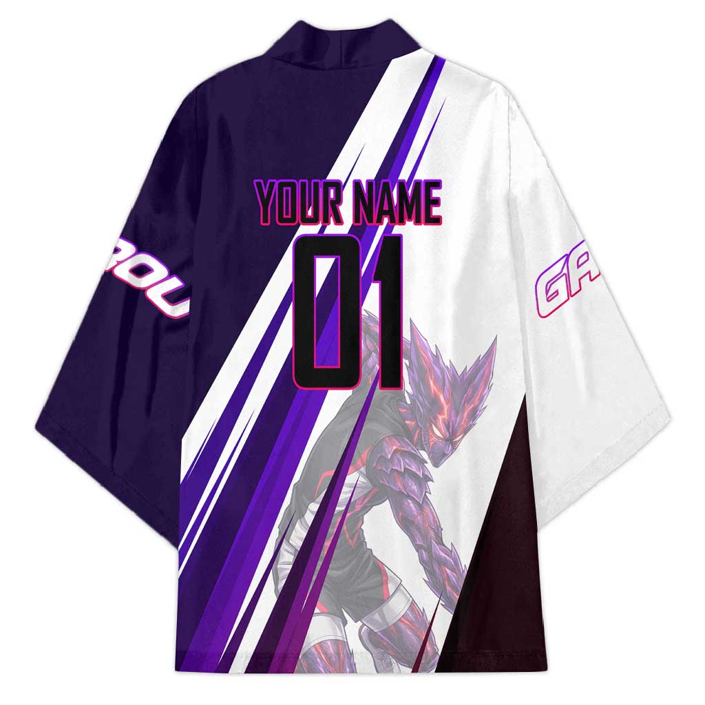 Personalized Garou Monster Volleyball Design Kimono with Dynamic Pose, Purple and White Diagonal Stripes Featuring One Punch Man Anime Theme