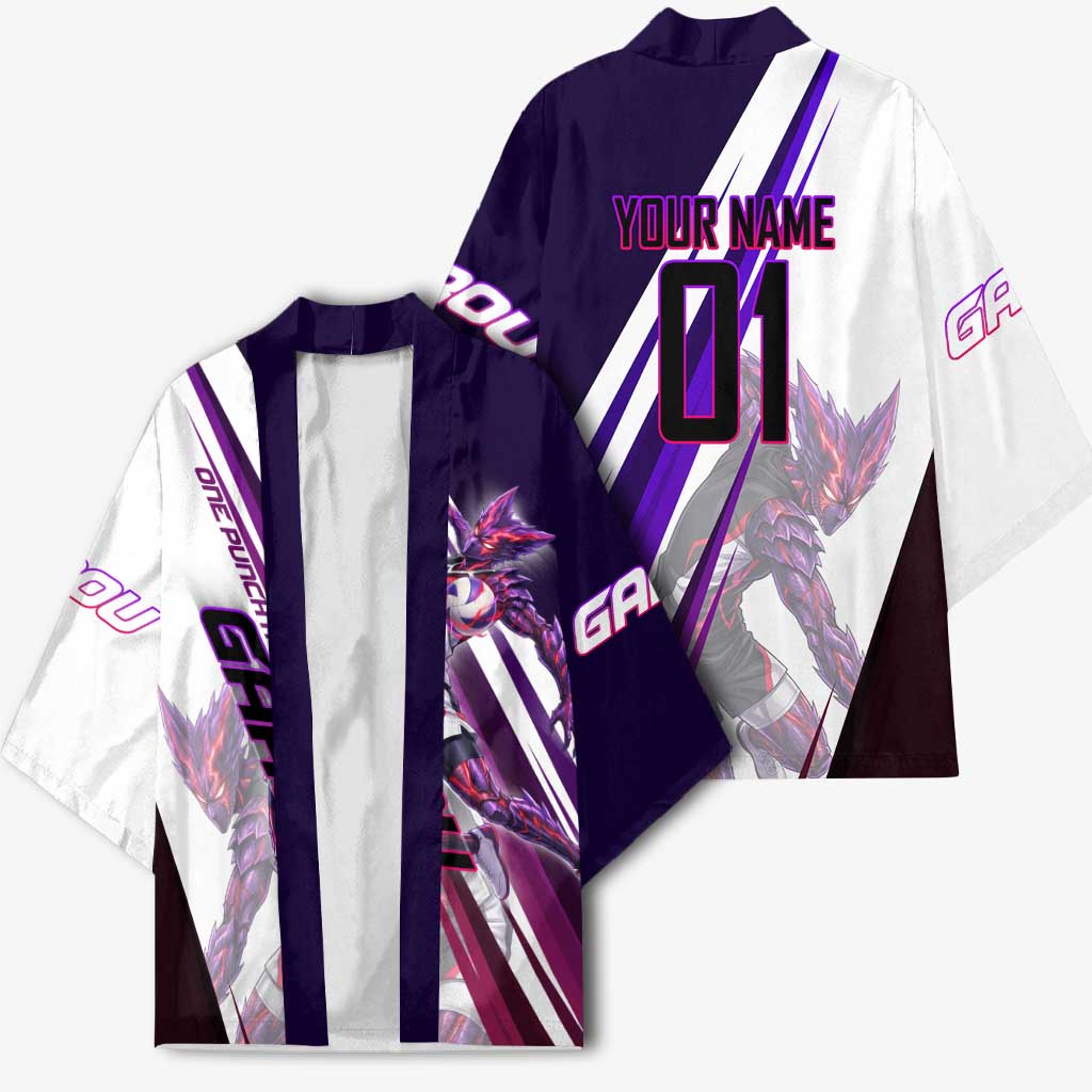 Personalized Garou Monster Volleyball Design Kimono with Dynamic Pose, Purple and White Diagonal Stripes Featuring One Punch Man Anime Theme