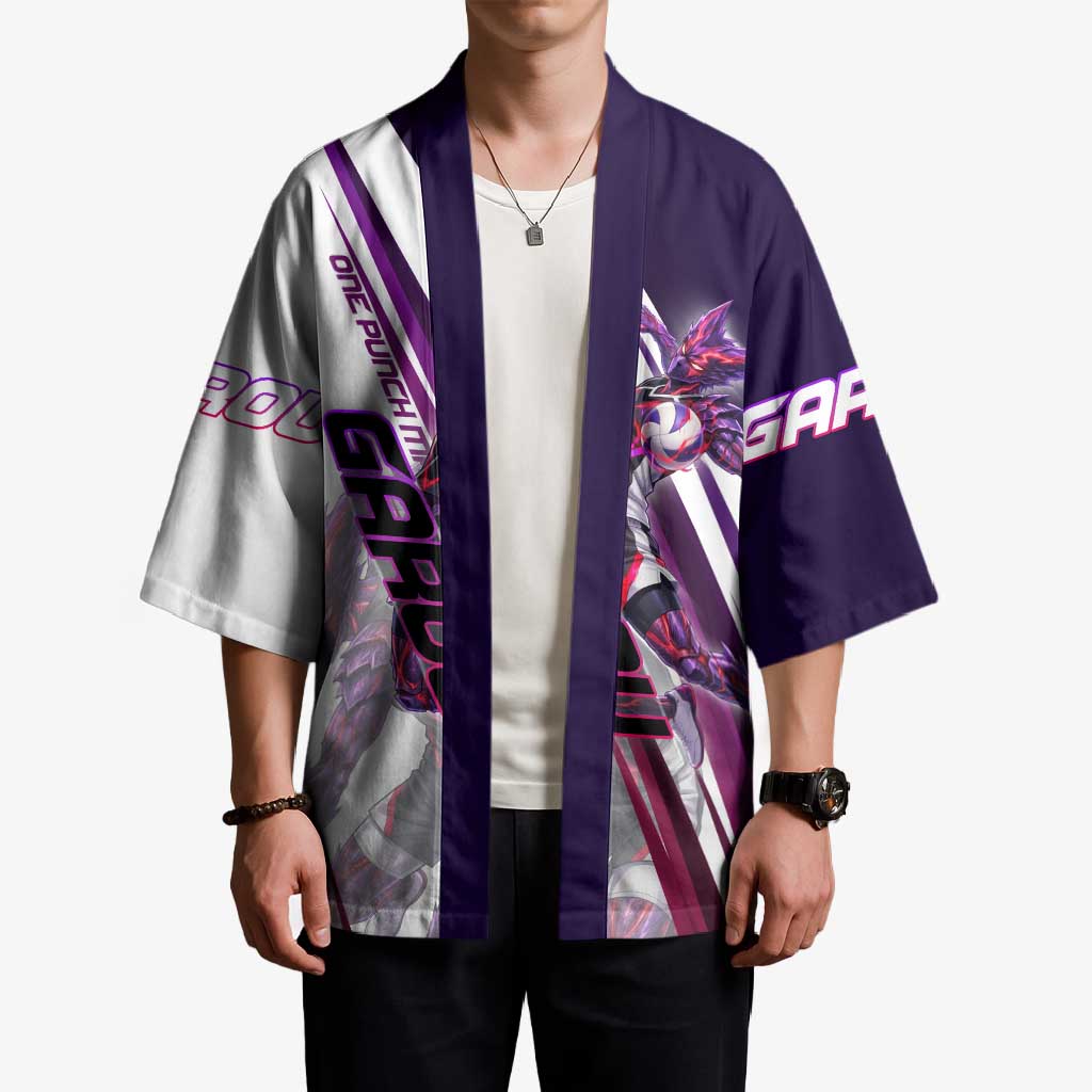Personalized Garou Monster Volleyball Design Kimono with Dynamic Pose, Purple and White Diagonal Stripes Featuring One Punch Man Anime Theme