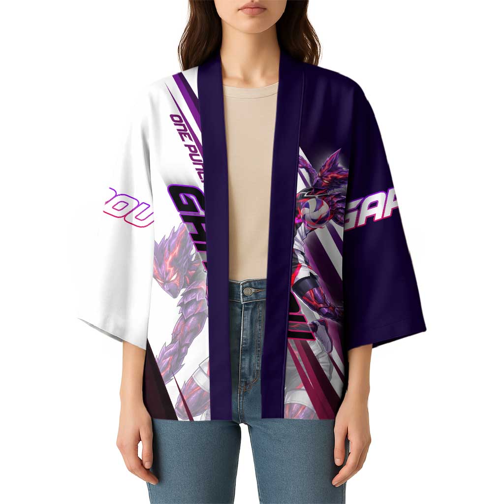 Personalized Garou Monster Volleyball Design Kimono with Dynamic Pose, Purple and White Diagonal Stripes Featuring One Punch Man Anime Theme