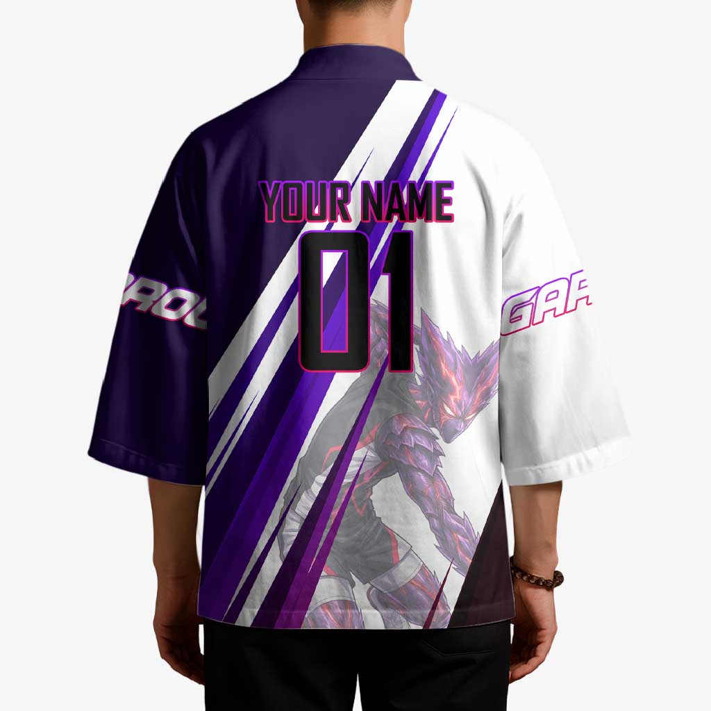 Personalized Garou Monster Volleyball Design Kimono with Dynamic Pose, Purple and White Diagonal Stripes Featuring One Punch Man Anime Theme