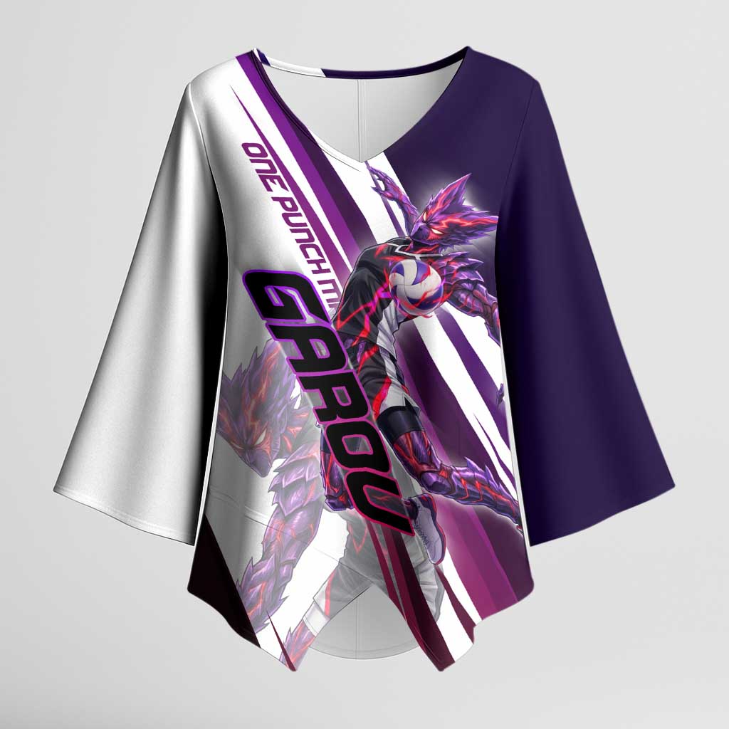 Personalized Garou Monster Volleyball Design Kimono Sleeve Blouse with Dynamic Pose, Purple and White Diagonal Stripes Featuring One Punch Man Anime Theme