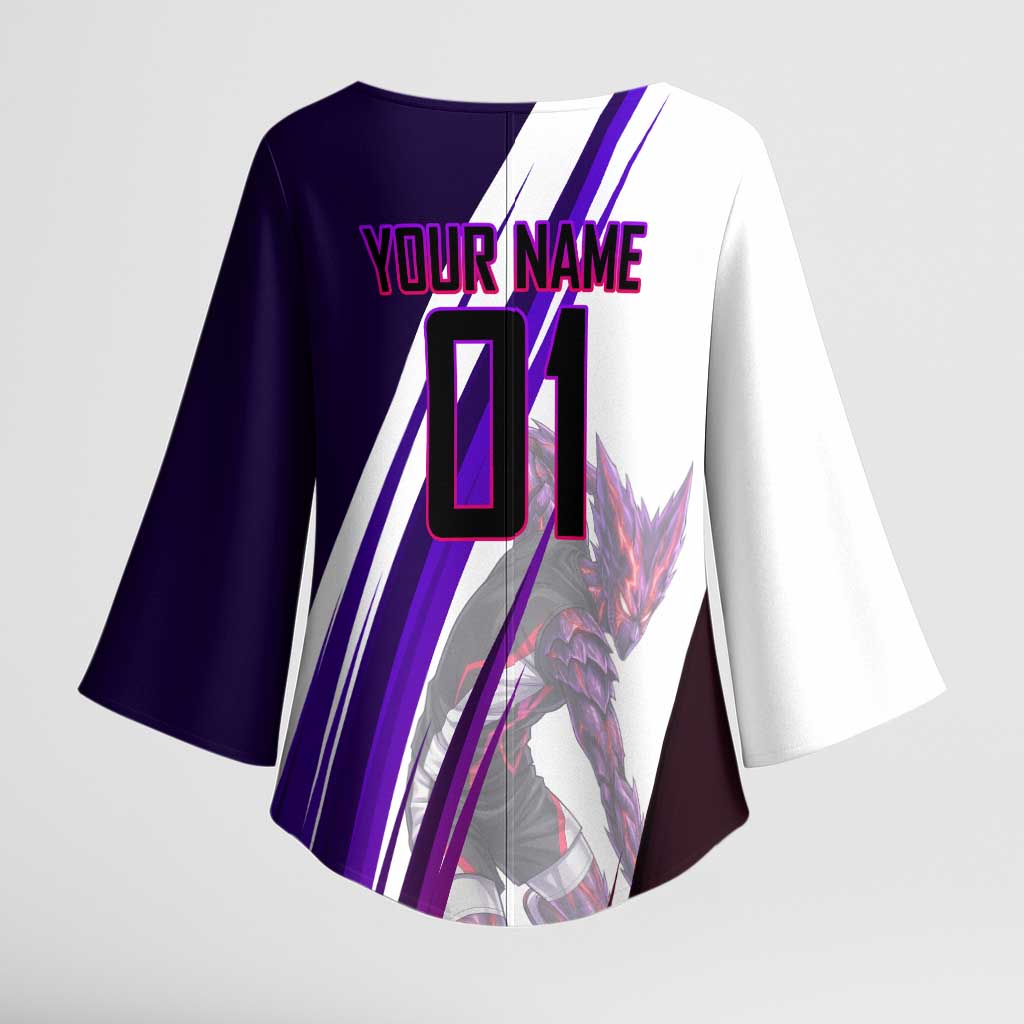Personalized Garou Monster Volleyball Design Kimono Sleeve Blouse with Dynamic Pose, Purple and White Diagonal Stripes Featuring One Punch Man Anime Theme