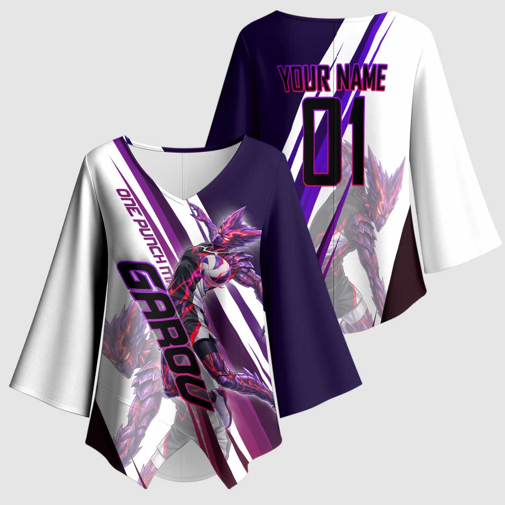 Personalized Garou Monster Volleyball Design Kimono Sleeve Blouse with Dynamic Pose, Purple and White Diagonal Stripes Featuring One Punch Man Anime Theme