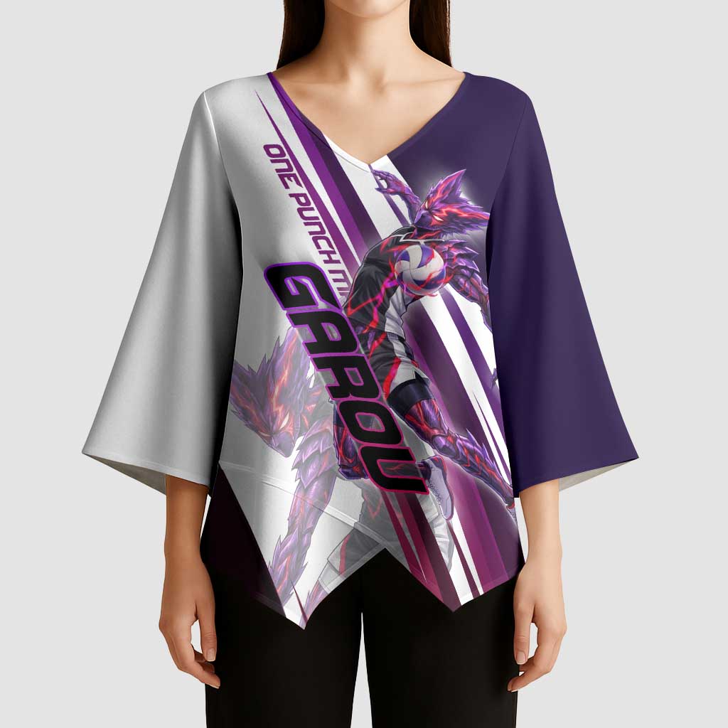 Personalized Garou Monster Volleyball Design Kimono Sleeve Blouse with Dynamic Pose, Purple and White Diagonal Stripes Featuring One Punch Man Anime Theme