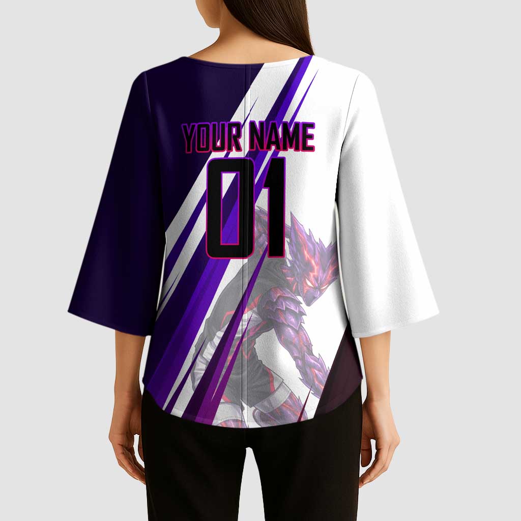 Personalized Garou Monster Volleyball Design Kimono Sleeve Blouse with Dynamic Pose, Purple and White Diagonal Stripes Featuring One Punch Man Anime Theme