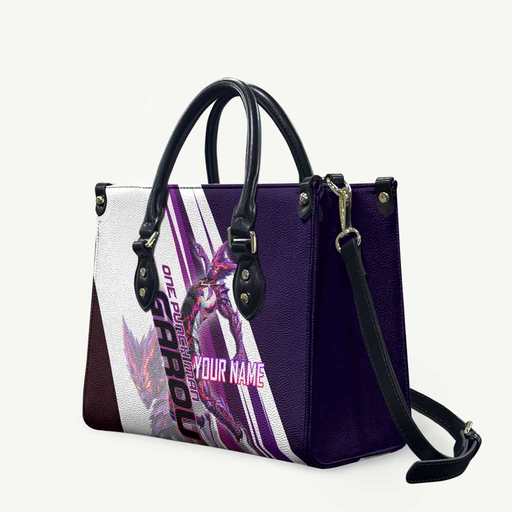 Personalized Garou Monster Volleyball Design Leather Bag with Dynamic Pose, Purple and White Diagonal Stripes Featuring One Punch Man Anime Theme