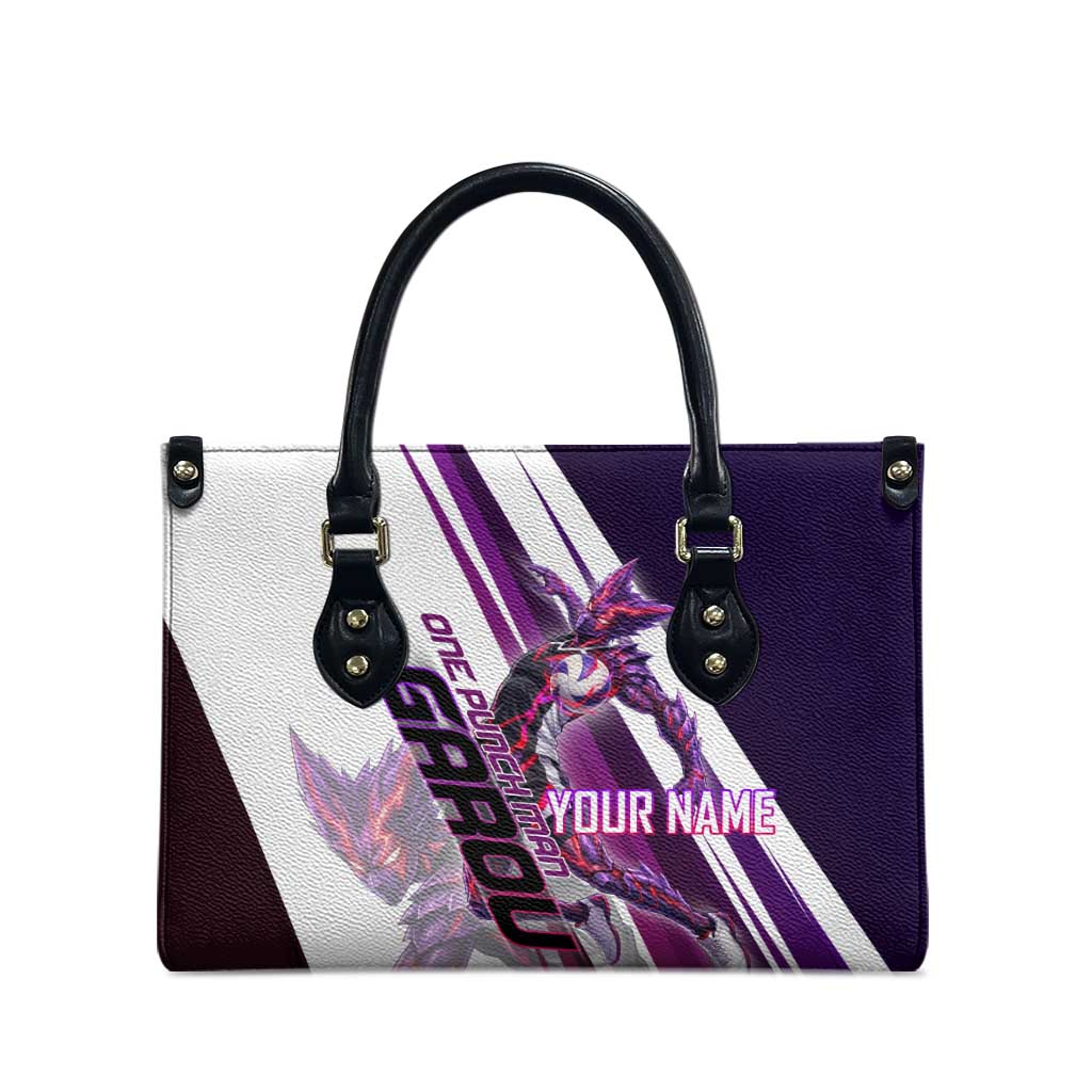 Personalized Garou Monster Volleyball Design Leather Bag with Dynamic Pose, Purple and White Diagonal Stripes Featuring One Punch Man Anime Theme