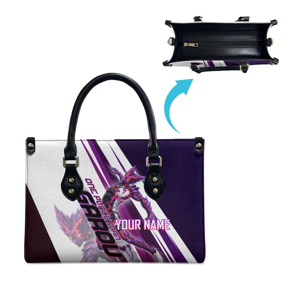 Personalized Garou Monster Volleyball Design Leather Bag with Dynamic Pose, Purple and White Diagonal Stripes Featuring One Punch Man Anime Theme