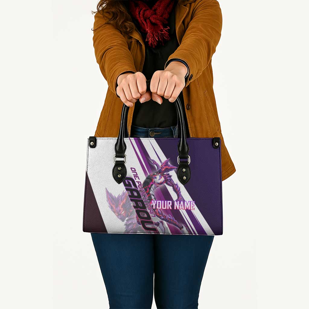 Personalized Garou Monster Volleyball Design Leather Bag with Dynamic Pose, Purple and White Diagonal Stripes Featuring One Punch Man Anime Theme