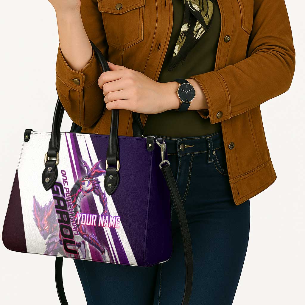 Personalized Garou Monster Volleyball Design Leather Bag with Dynamic Pose, Purple and White Diagonal Stripes Featuring One Punch Man Anime Theme