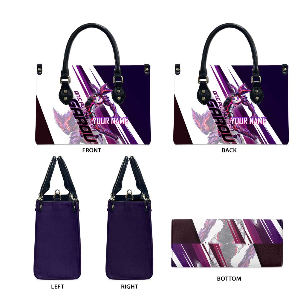 Personalized Garou Monster Volleyball Design Leather Bag with Dynamic Pose, Purple and White Diagonal Stripes Featuring One Punch Man Anime Theme