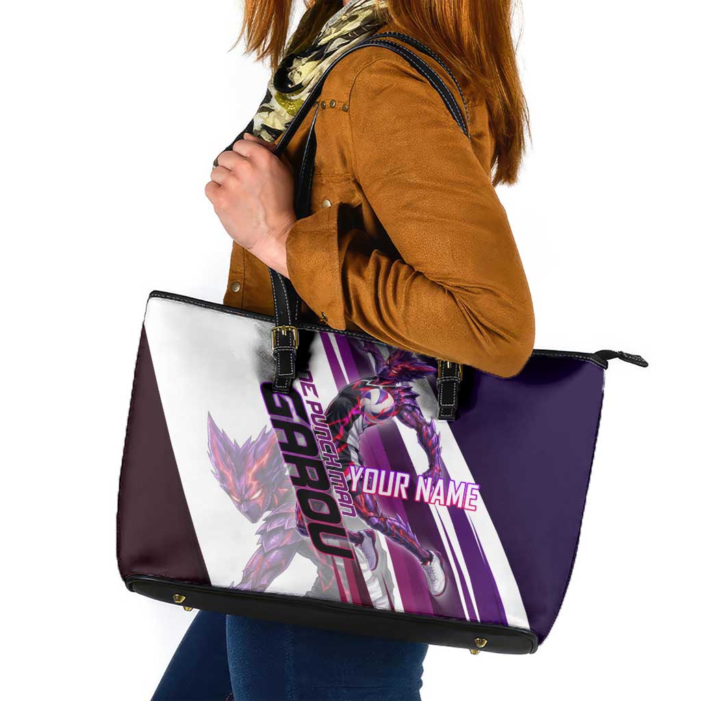 Personalized Garou Monster Volleyball Design Leather Tote Bag with Dynamic Pose, Purple and White Diagonal Stripes Featuring One Punch Man Anime Theme