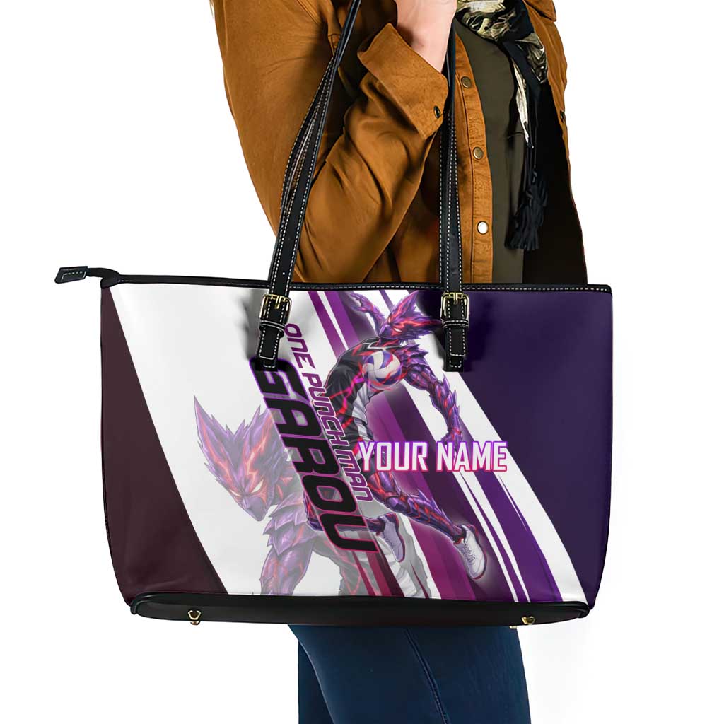 Personalized Garou Monster Volleyball Design Leather Tote Bag with Dynamic Pose, Purple and White Diagonal Stripes Featuring One Punch Man Anime Theme