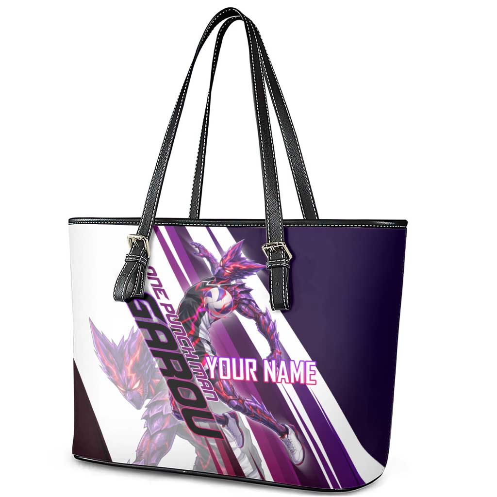 Personalized Garou Monster Volleyball Design Leather Tote Bag with Dynamic Pose, Purple and White Diagonal Stripes Featuring One Punch Man Anime Theme