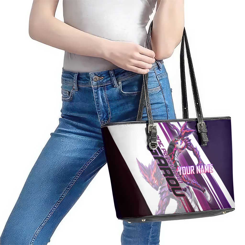 Personalized Garou Monster Volleyball Design Leather Tote Bag with Dynamic Pose, Purple and White Diagonal Stripes Featuring One Punch Man Anime Theme