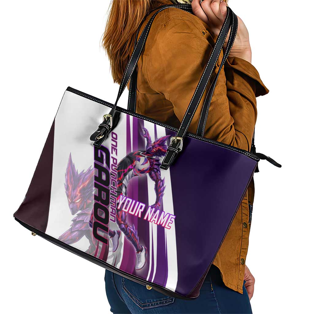 Personalized Garou Monster Volleyball Design Leather Tote Bag with Dynamic Pose, Purple and White Diagonal Stripes Featuring One Punch Man Anime Theme