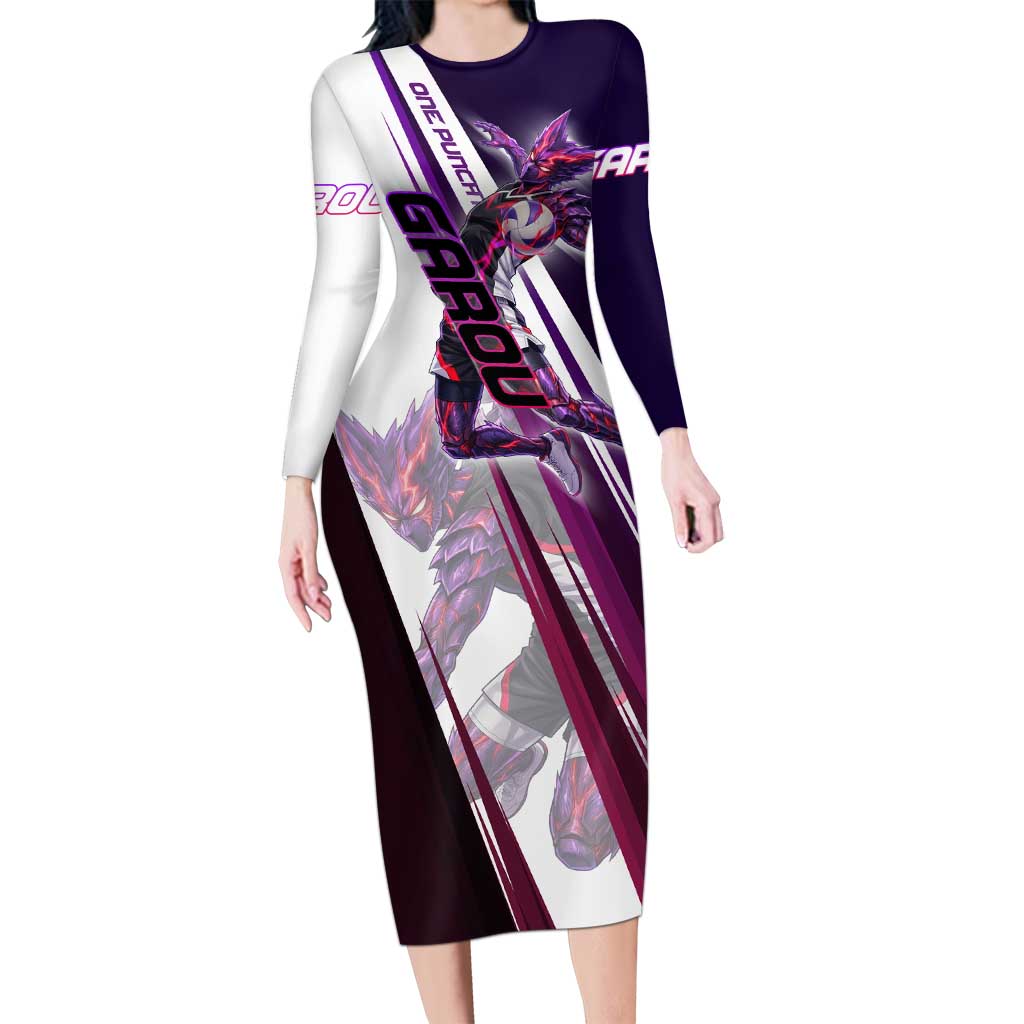 Personalized Garou Monster Volleyball Design Long Sleeve Bodycon Dress with Dynamic Pose, Purple and White Diagonal Stripes Featuring One Punch Man Anime Theme