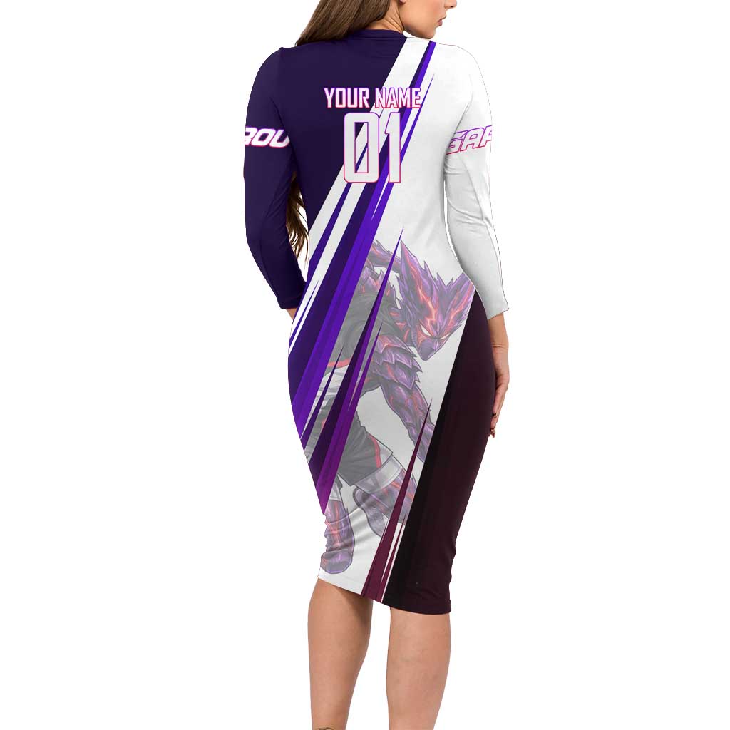 Personalized Garou Monster Volleyball Design Long Sleeve Bodycon Dress with Dynamic Pose, Purple and White Diagonal Stripes Featuring One Punch Man Anime Theme