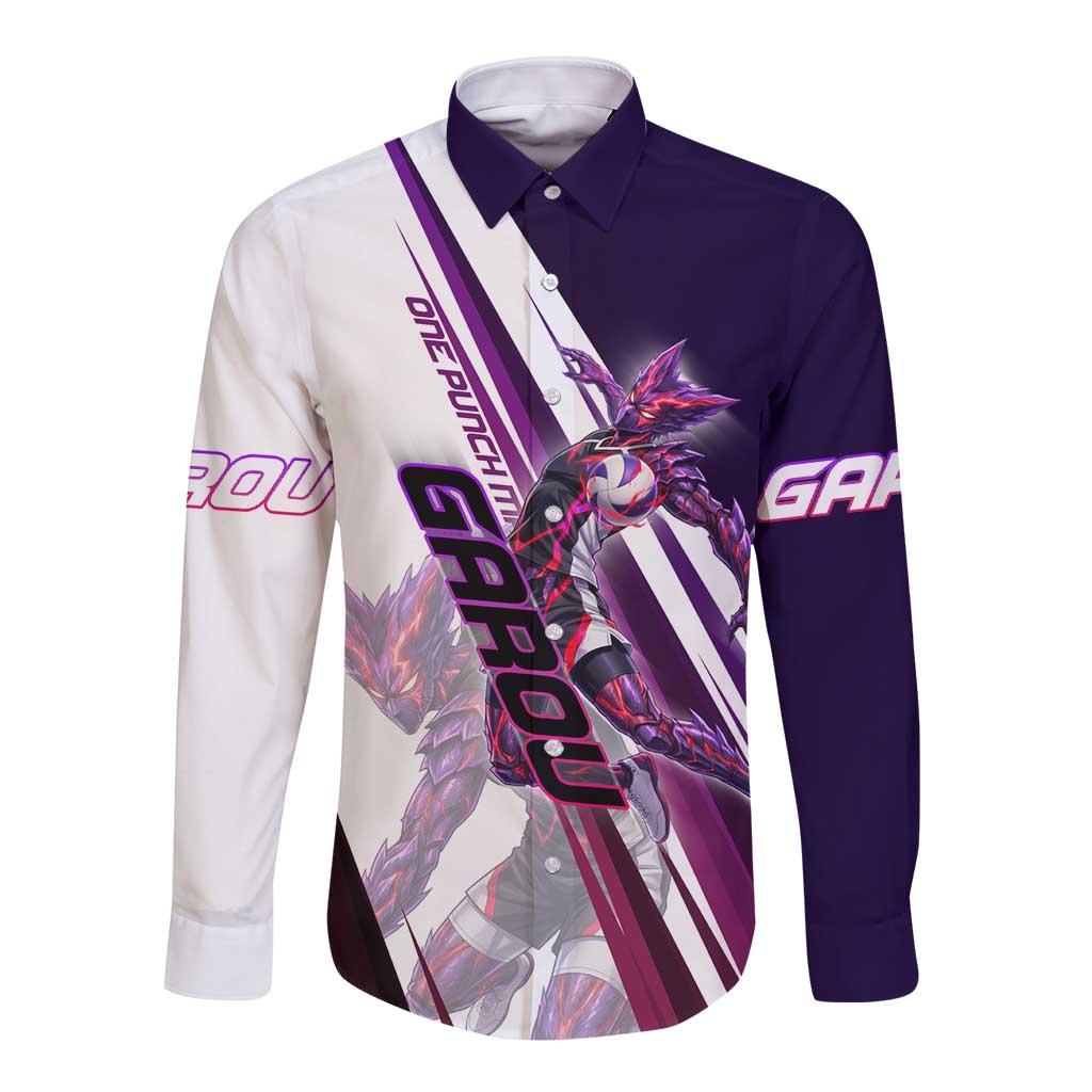 Personalized Garou Monster Volleyball Design Long Sleeve Button Shirt with Dynamic Pose, Purple and White Diagonal Stripes Featuring One Punch Man Anime Theme