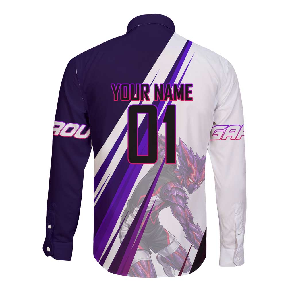 Personalized Garou Monster Volleyball Design Long Sleeve Button Shirt with Dynamic Pose, Purple and White Diagonal Stripes Featuring One Punch Man Anime Theme