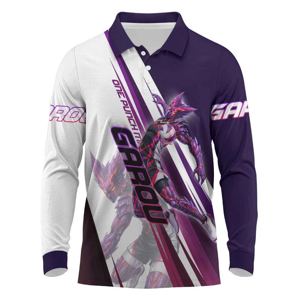Personalized Garou Monster Volleyball Design Long Sleeve Polo Shirt with Dynamic Pose, Purple and White Diagonal Stripes Featuring One Punch Man Anime Theme