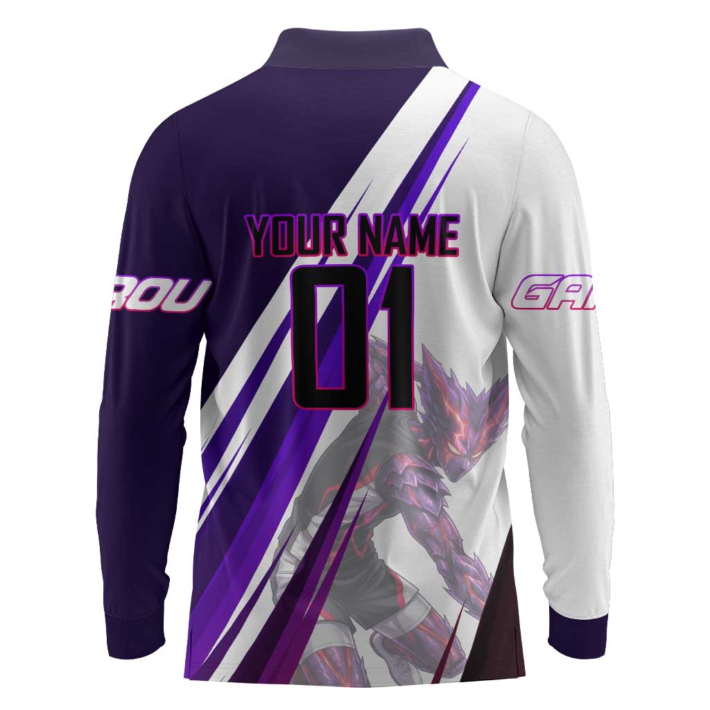 Personalized Garou Monster Volleyball Design Long Sleeve Polo Shirt with Dynamic Pose, Purple and White Diagonal Stripes Featuring One Punch Man Anime Theme