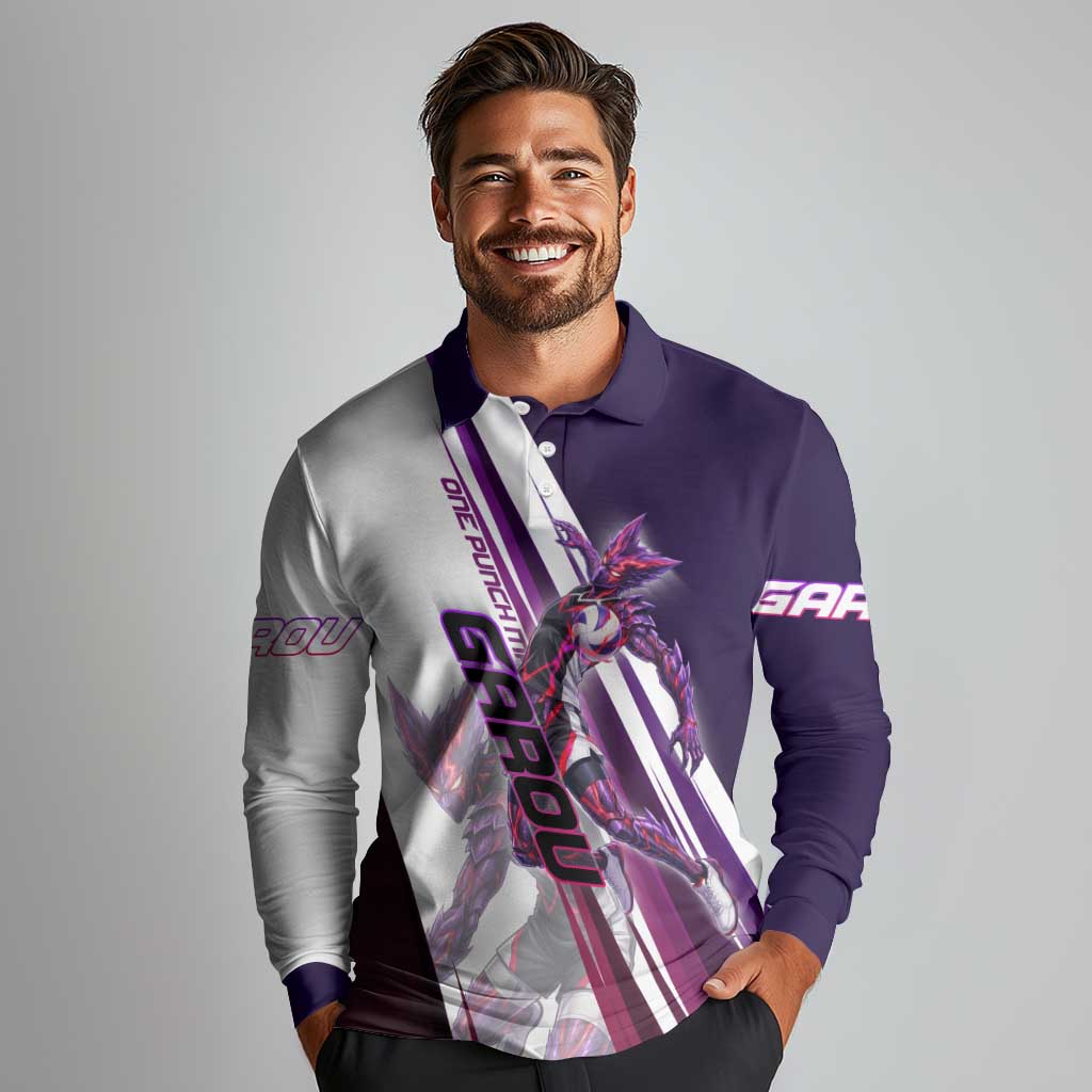 Personalized Garou Monster Volleyball Design Long Sleeve Polo Shirt with Dynamic Pose, Purple and White Diagonal Stripes Featuring One Punch Man Anime Theme