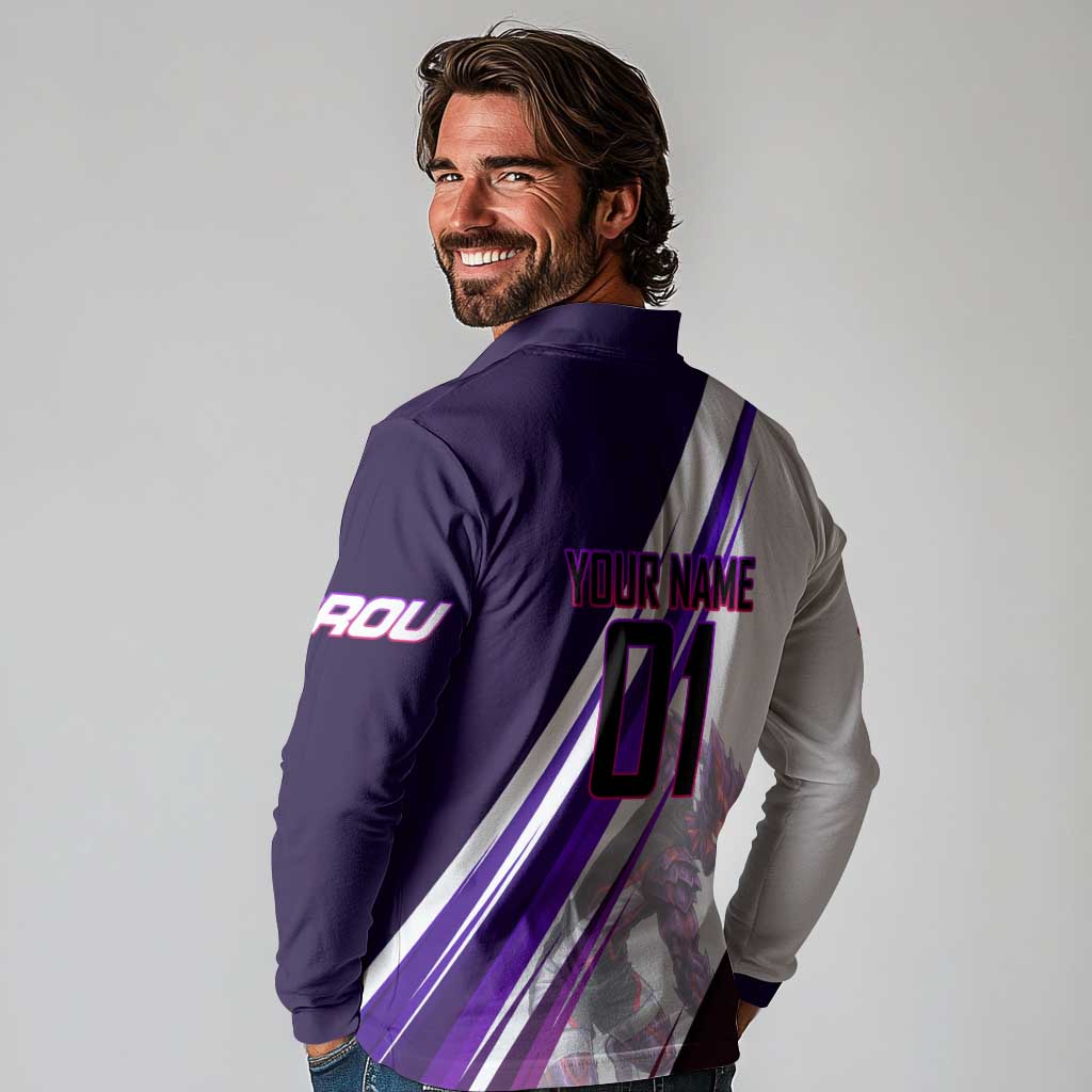 Personalized Garou Monster Volleyball Design Long Sleeve Polo Shirt with Dynamic Pose, Purple and White Diagonal Stripes Featuring One Punch Man Anime Theme