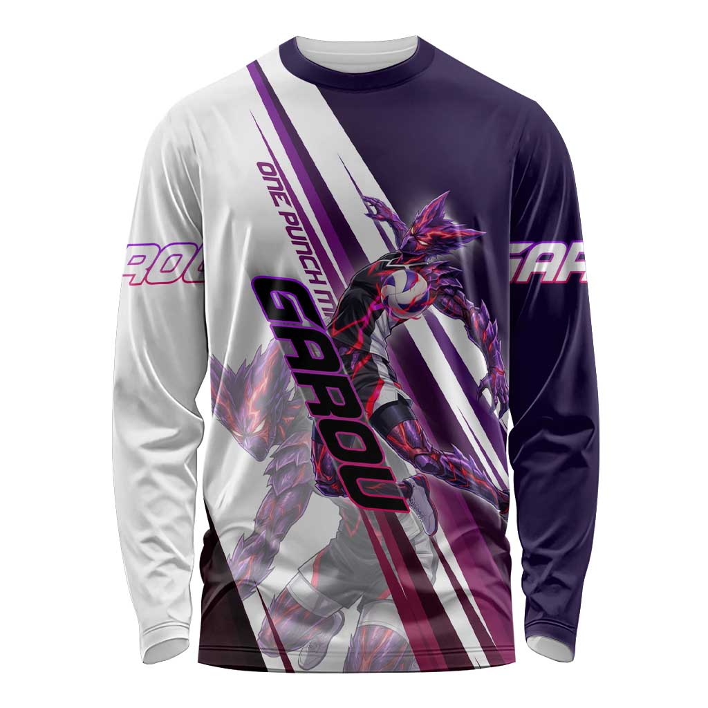 Personalized Garou Monster Volleyball Design Long Sleeve Shirt with Dynamic Pose, Purple and White Diagonal Stripes Featuring One Punch Man Anime Theme