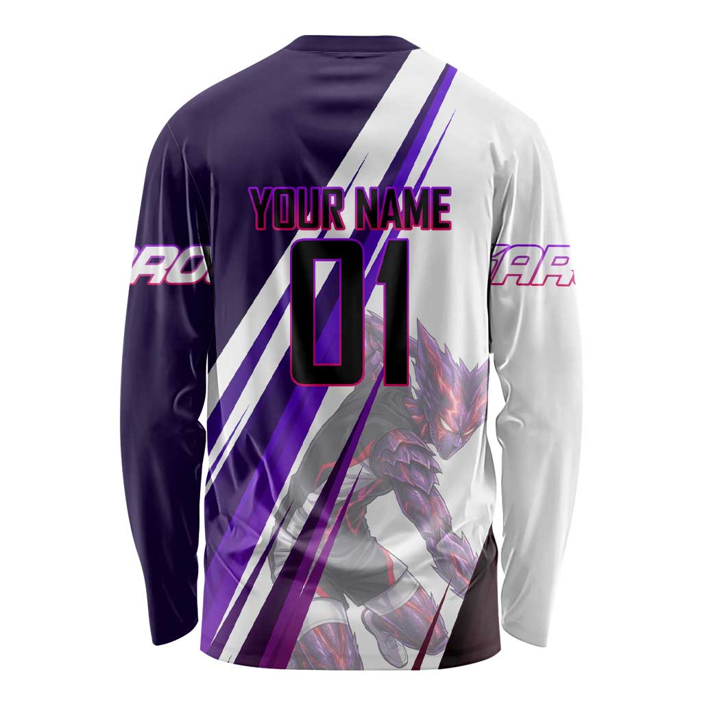 Personalized Garou Monster Volleyball Design Long Sleeve Shirt with Dynamic Pose, Purple and White Diagonal Stripes Featuring One Punch Man Anime Theme