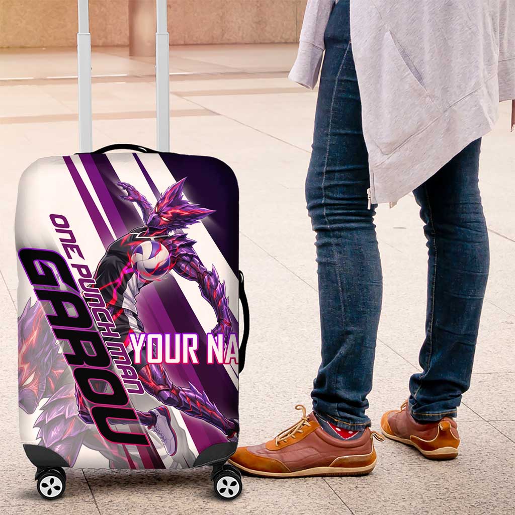 Personalized Garou Monster Volleyball Design Luggage Cover with Dynamic Pose, Purple and White Diagonal Stripes Featuring One Punch Man Anime Theme