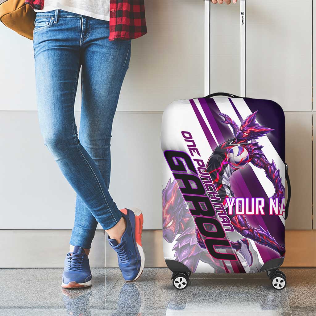 Personalized Garou Monster Volleyball Design Luggage Cover with Dynamic Pose, Purple and White Diagonal Stripes Featuring One Punch Man Anime Theme