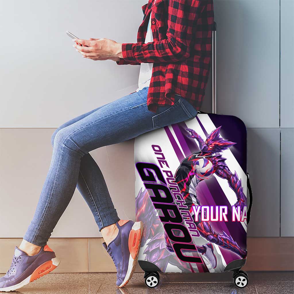 Personalized Garou Monster Volleyball Design Luggage Cover with Dynamic Pose, Purple and White Diagonal Stripes Featuring One Punch Man Anime Theme