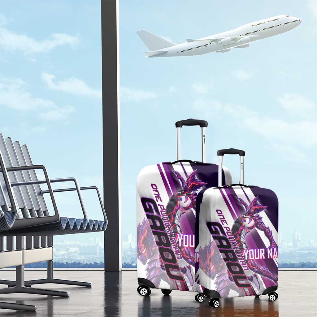 Personalized Garou Monster Volleyball Design Luggage Cover with Dynamic Pose, Purple and White Diagonal Stripes Featuring One Punch Man Anime Theme