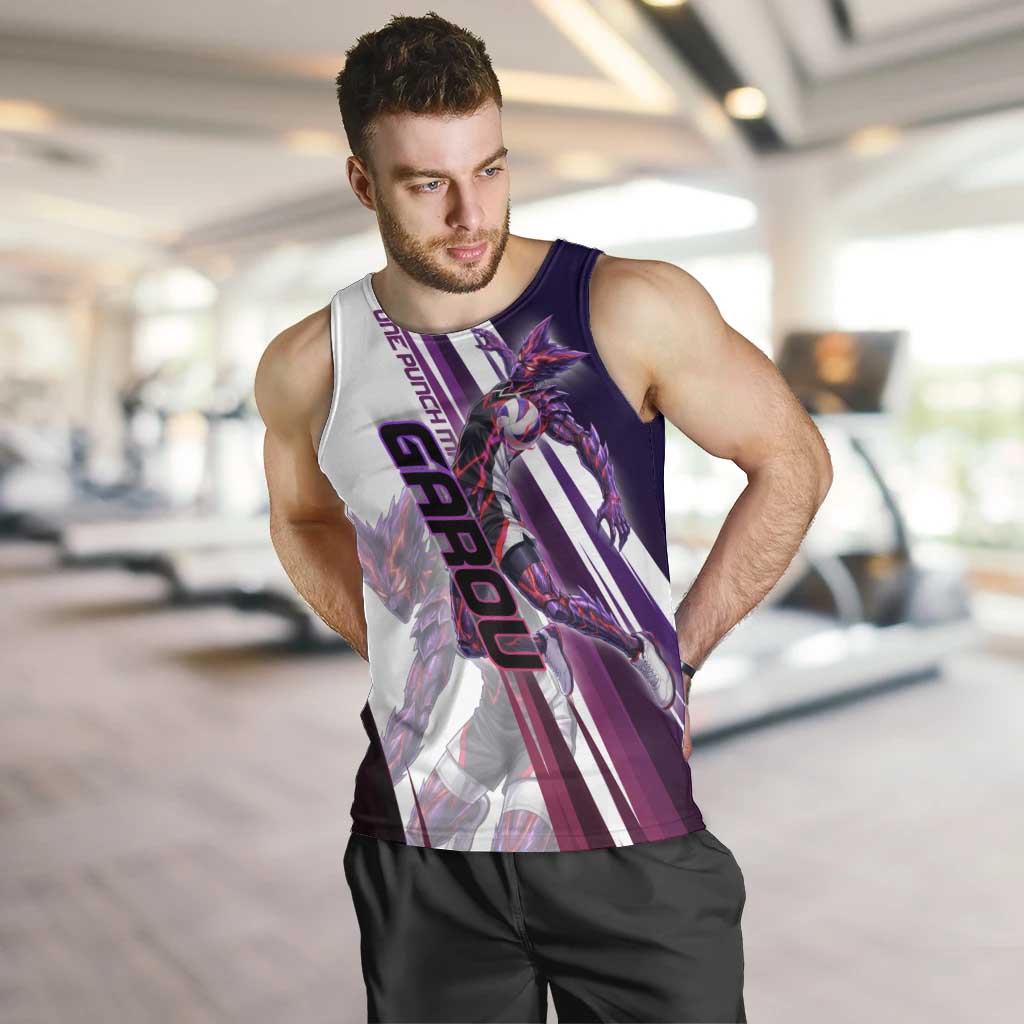 Personalized Garou Monster Volleyball Design Men Tank Top with Dynamic Pose, Purple and White Diagonal Stripes Featuring One Punch Man Anime Theme