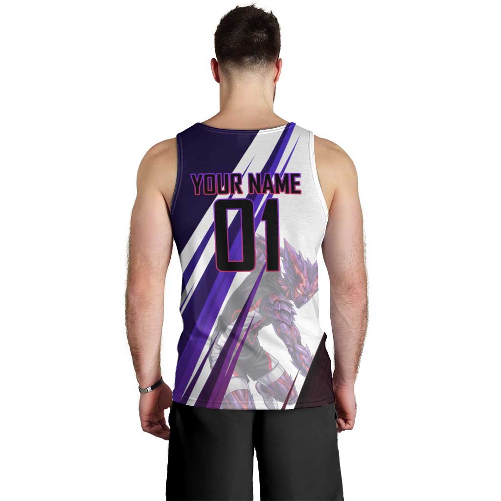 Personalized Garou Monster Volleyball Design Men Tank Top with Dynamic Pose, Purple and White Diagonal Stripes Featuring One Punch Man Anime Theme