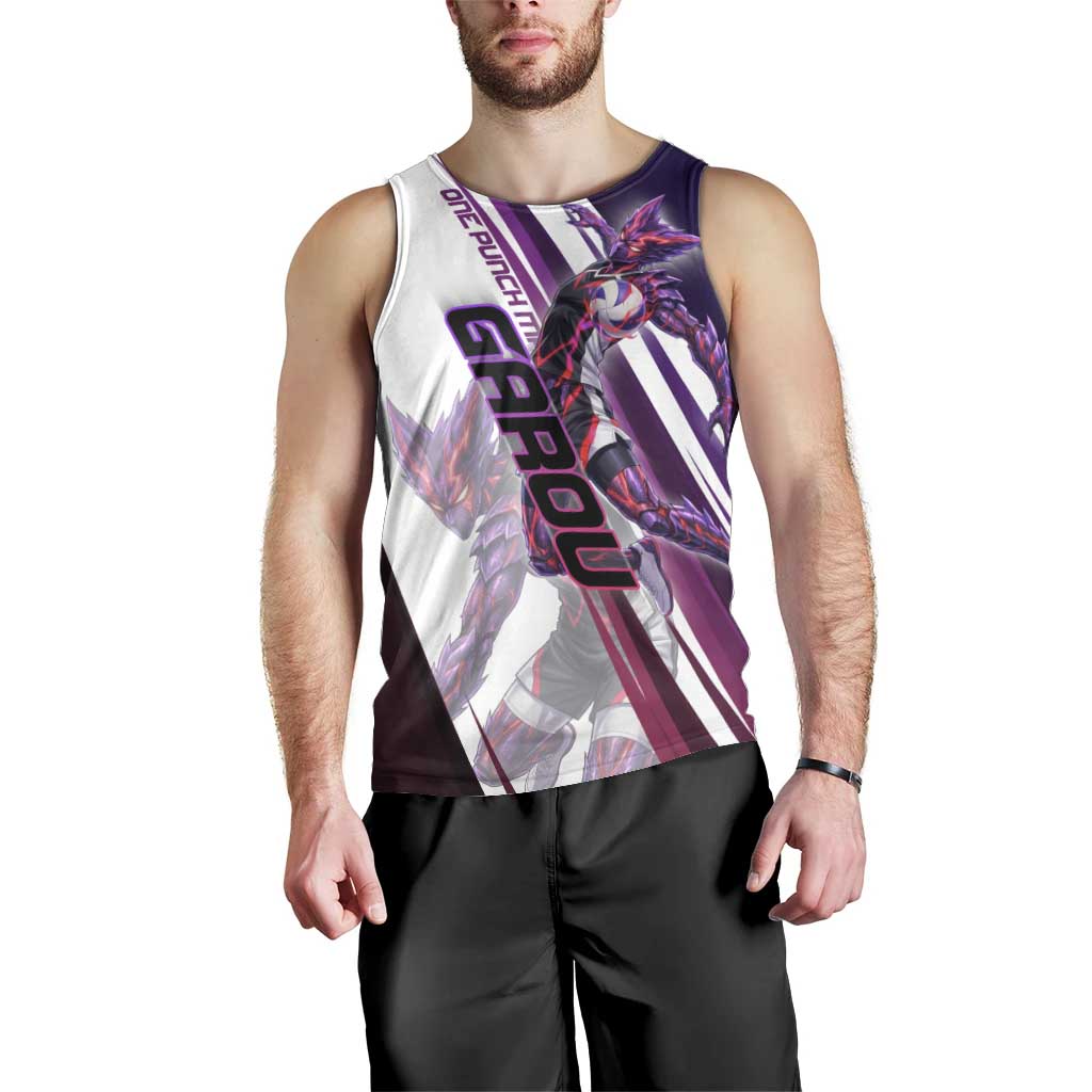 Personalized Garou Monster Volleyball Design Men Tank Top with Dynamic Pose, Purple and White Diagonal Stripes Featuring One Punch Man Anime Theme