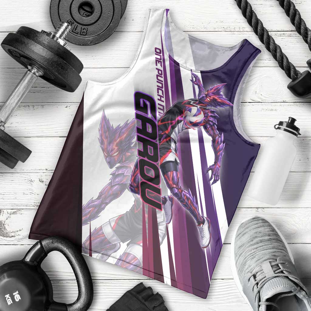 Personalized Garou Monster Volleyball Design Men Tank Top with Dynamic Pose, Purple and White Diagonal Stripes Featuring One Punch Man Anime Theme