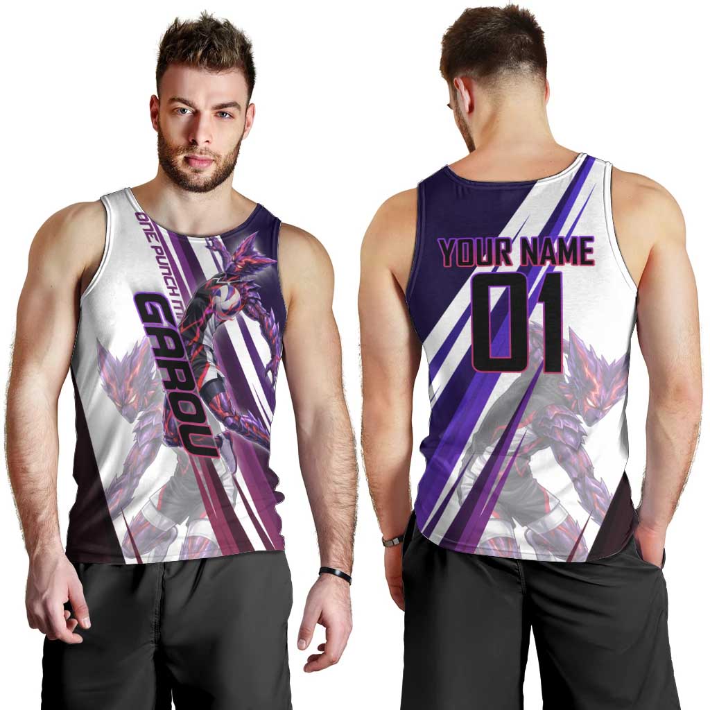 Personalized Garou Monster Volleyball Design Men Tank Top with Dynamic Pose, Purple and White Diagonal Stripes Featuring One Punch Man Anime Theme