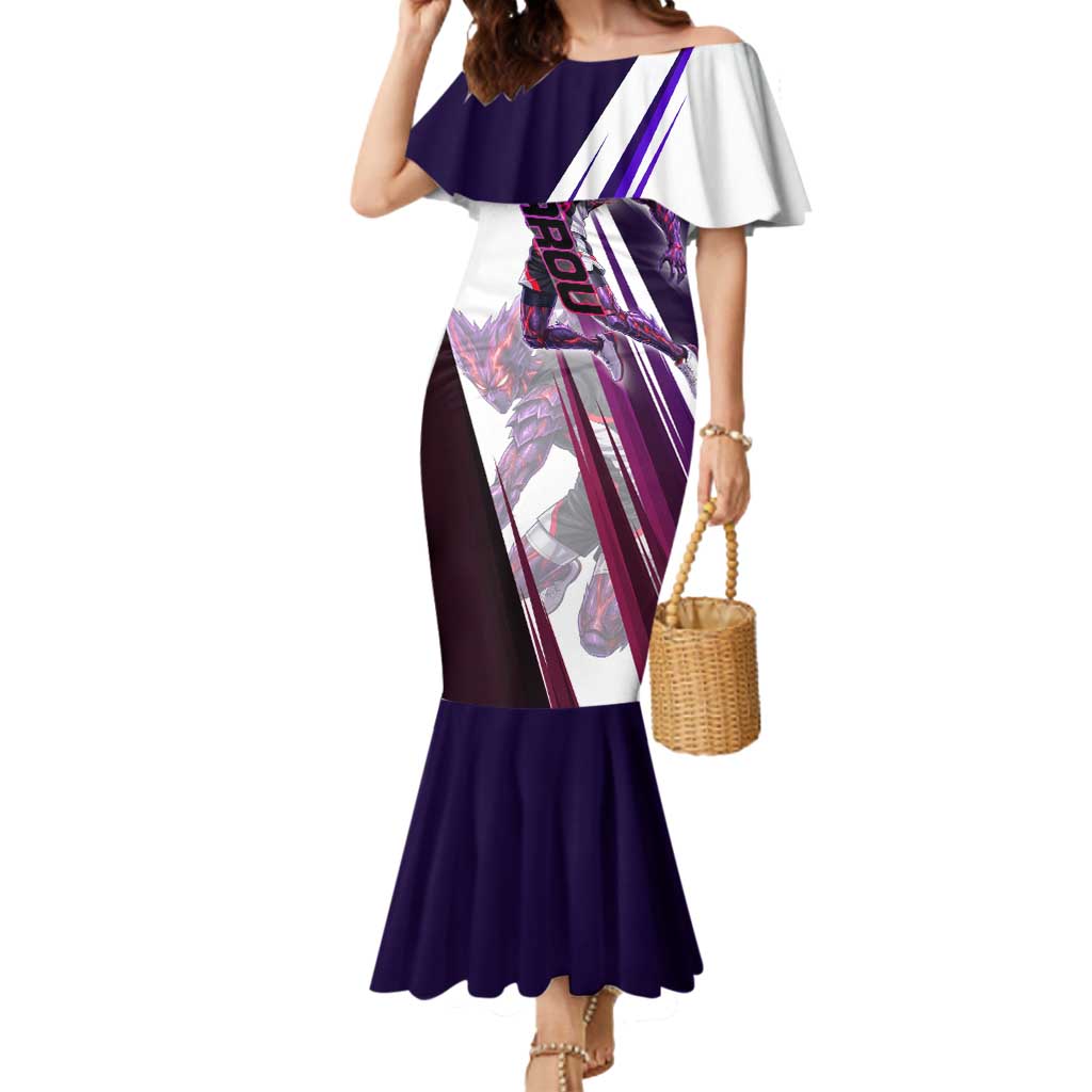 Personalized Garou Monster Volleyball Design Mermaid Dress with Dynamic Pose, Purple and White Diagonal Stripes Featuring One Punch Man Anime Theme