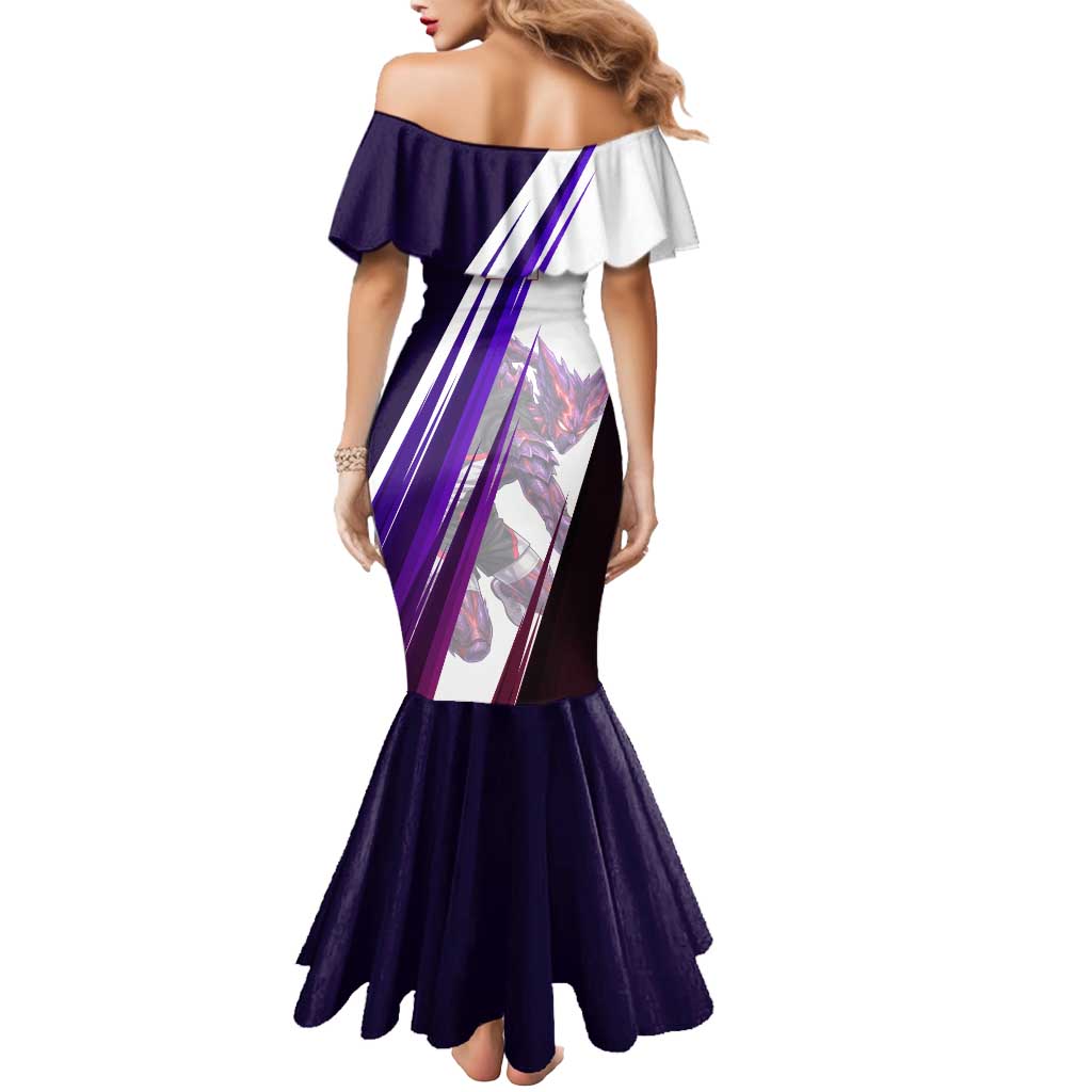 Personalized Garou Monster Volleyball Design Mermaid Dress with Dynamic Pose, Purple and White Diagonal Stripes Featuring One Punch Man Anime Theme