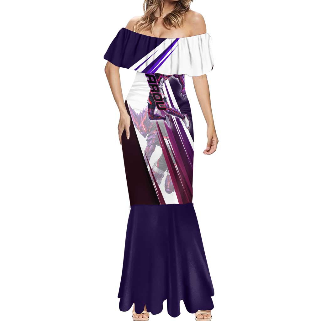 Personalized Garou Monster Volleyball Design Mermaid Dress with Dynamic Pose, Purple and White Diagonal Stripes Featuring One Punch Man Anime Theme