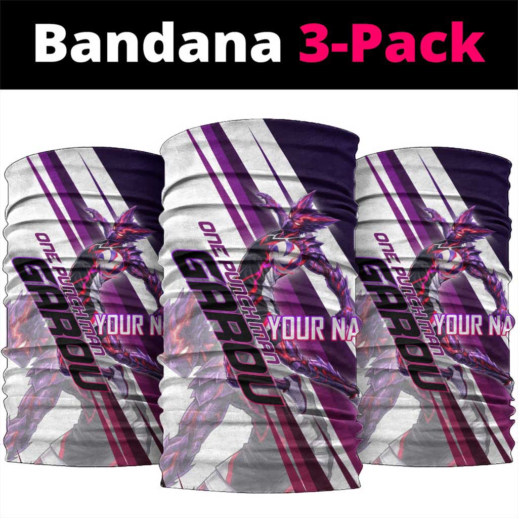 Personalized Garou Monster Volleyball Design Neck Gaiter with Dynamic Pose, Purple and White Diagonal Stripes Featuring One Punch Man Anime Theme