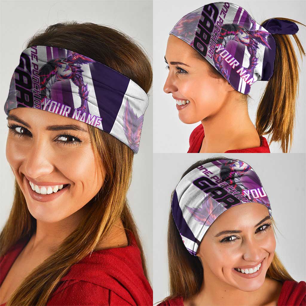 Personalized Garou Monster Volleyball Design Neck Gaiter with Dynamic Pose, Purple and White Diagonal Stripes Featuring One Punch Man Anime Theme