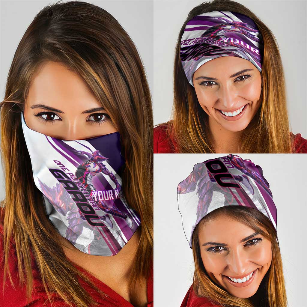 Personalized Garou Monster Volleyball Design Neck Gaiter with Dynamic Pose, Purple and White Diagonal Stripes Featuring One Punch Man Anime Theme