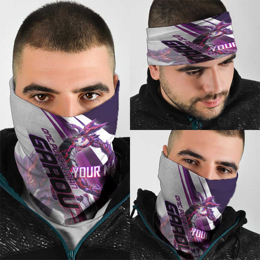 Personalized Garou Monster Volleyball Design Neck Gaiter with Dynamic Pose, Purple and White Diagonal Stripes Featuring One Punch Man Anime Theme