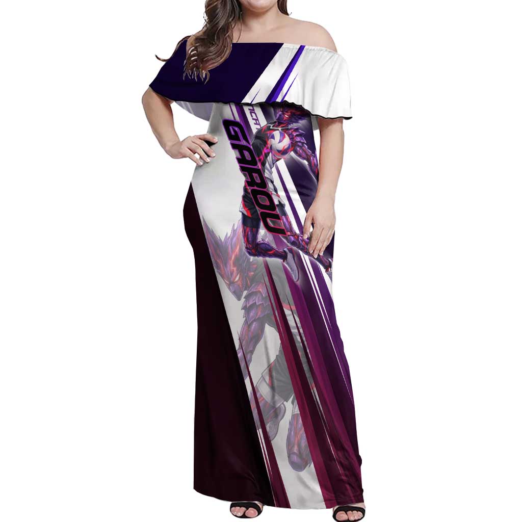 Personalized Garou Monster Volleyball Design Off Shoulder Maxi Dress with Dynamic Pose, Purple and White Diagonal Stripes Featuring One Punch Man Anime Theme