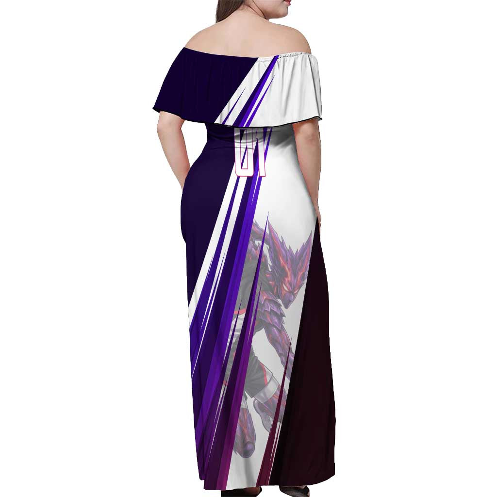 Personalized Garou Monster Volleyball Design Off Shoulder Maxi Dress with Dynamic Pose, Purple and White Diagonal Stripes Featuring One Punch Man Anime Theme